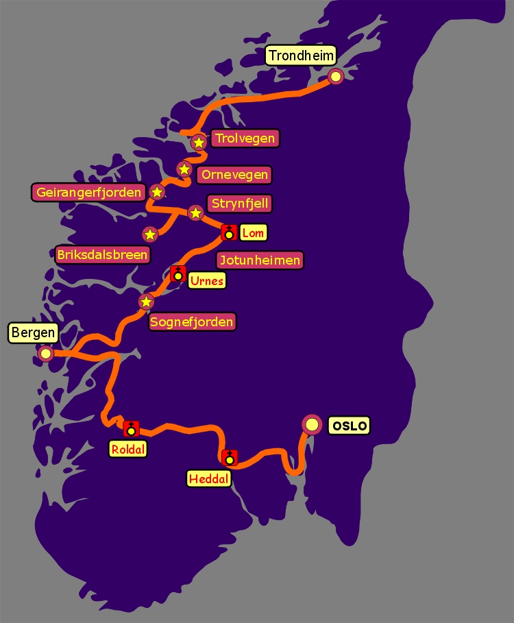 Mapa Norewgii przedstawiajca tras naszej podry ze wskazaniem najbardziej atrakcyjnych miejsc oraz lokalizacj noclegw